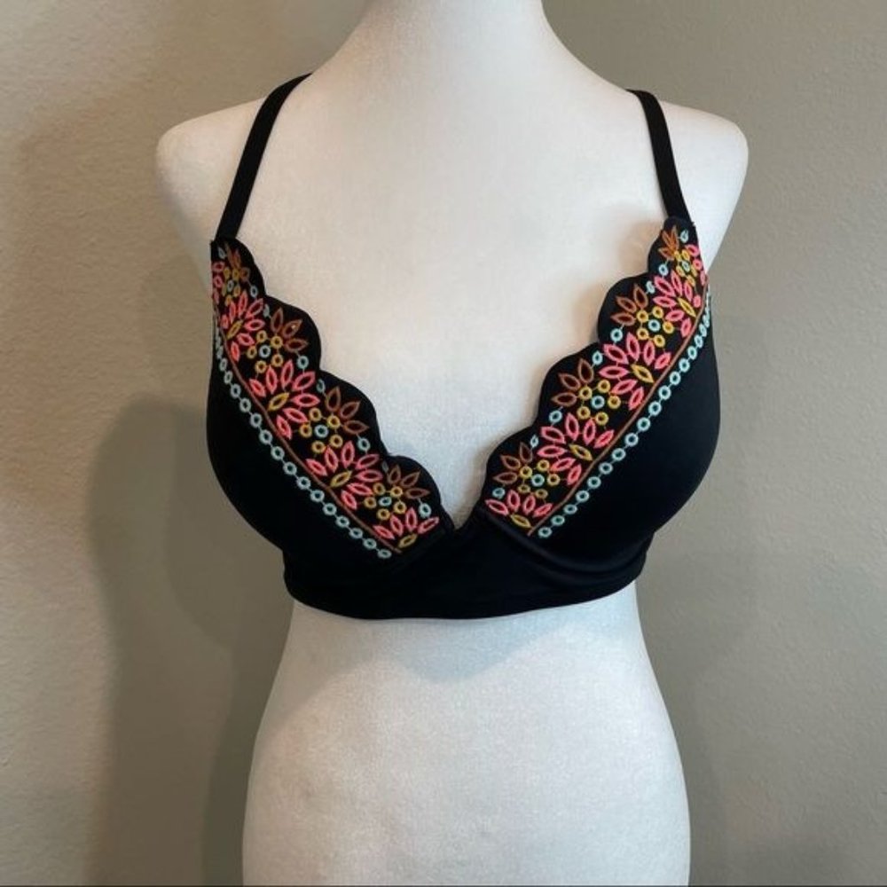 Shade & Shore Black w/Floral Print Bikini Top Size 34DD